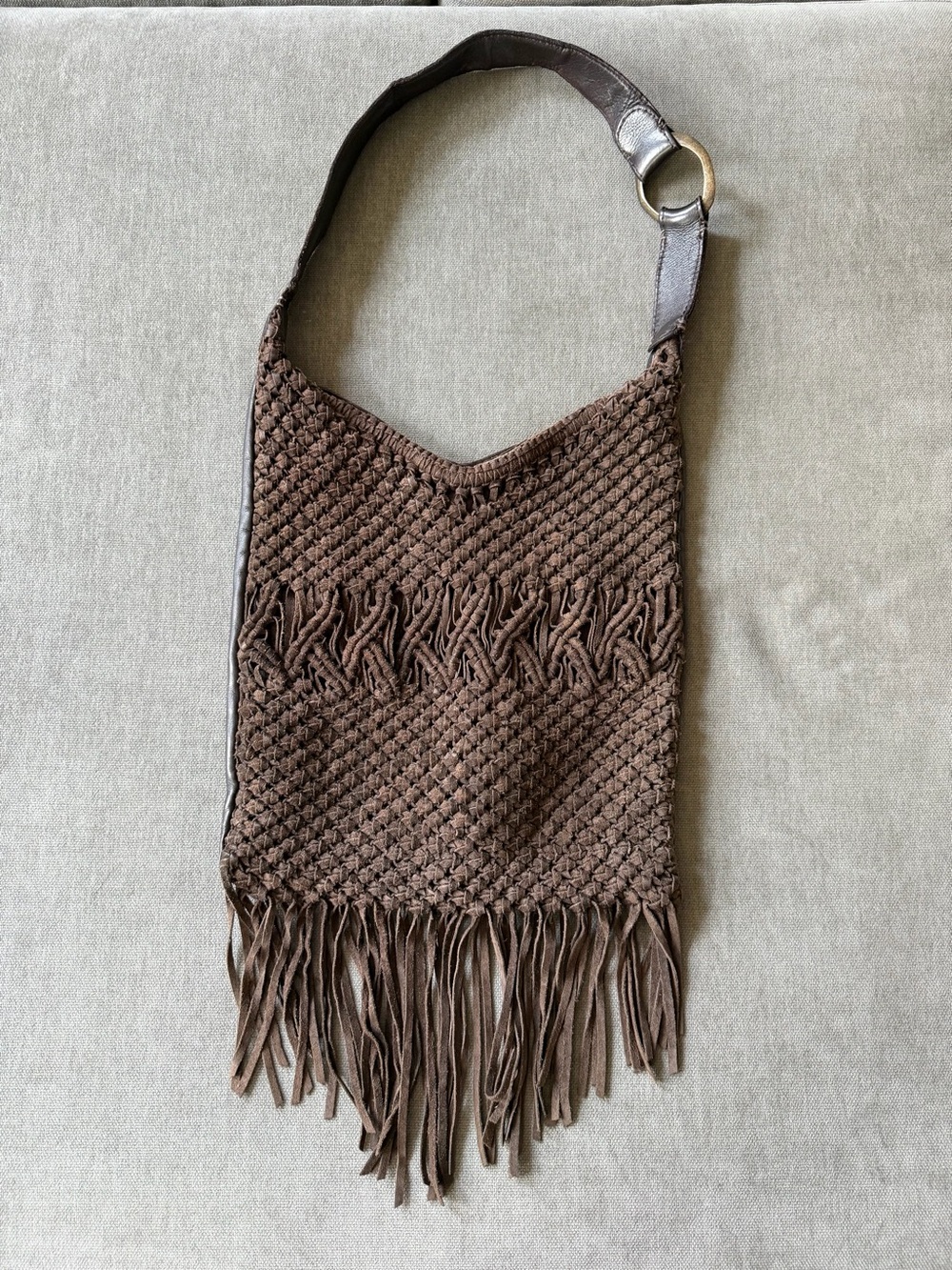 Lucky Brand Vintage Y2K Brown Suede Fringe Boho Woven Leather Shoulder Bag